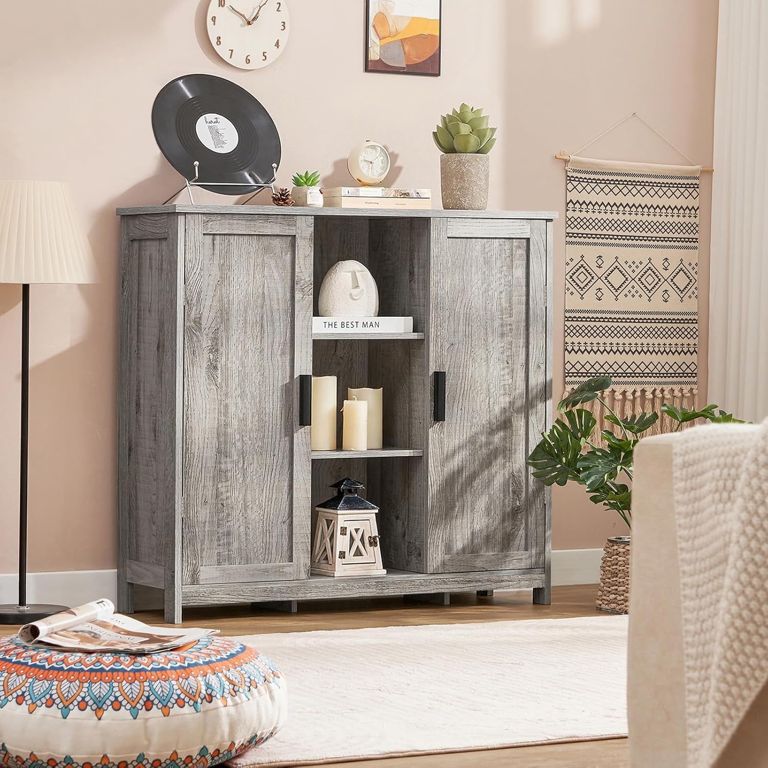 Storage Cabinet with 2 Doors and 4 Adjustable Shelves, Buffet Cabinet with Storage, Floor Cabinet for Living Room, Entryway, Kitchen, Grey-4