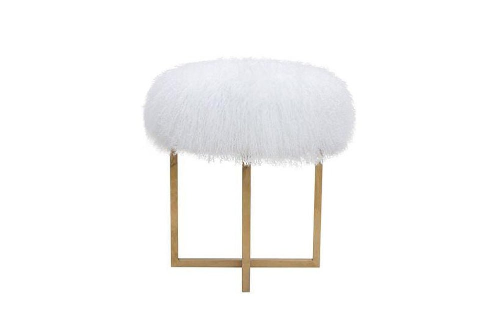 Canvello Home Sorrento Collection Mongolian Fur White & Gold Ottoman