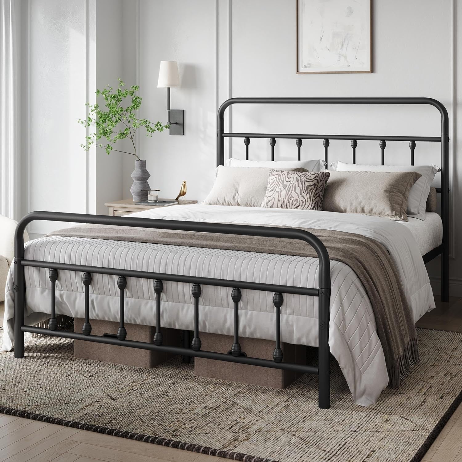 Classic Metal Platform Bed Frame Mattress Foundation with Victorian Style Iron-Art Headboard/Footboard/Under Bed Storage/No Box Spring Needed/Queen Size Black-2