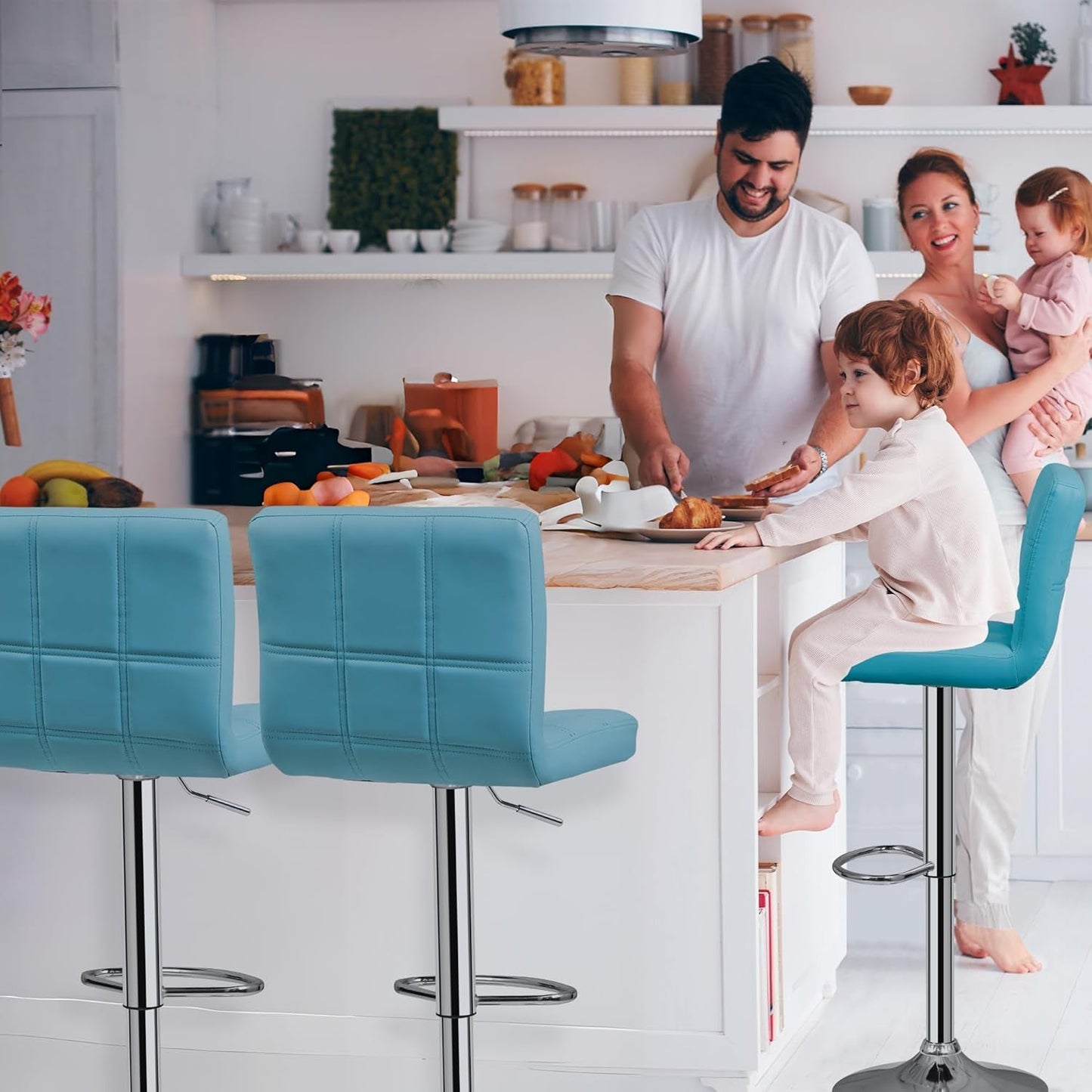 Set of 4 Adjustable Swivel Barstools, Modern PU Leather Kitchen Counter Bar Stools, Square Back Bar Stool (Blue)