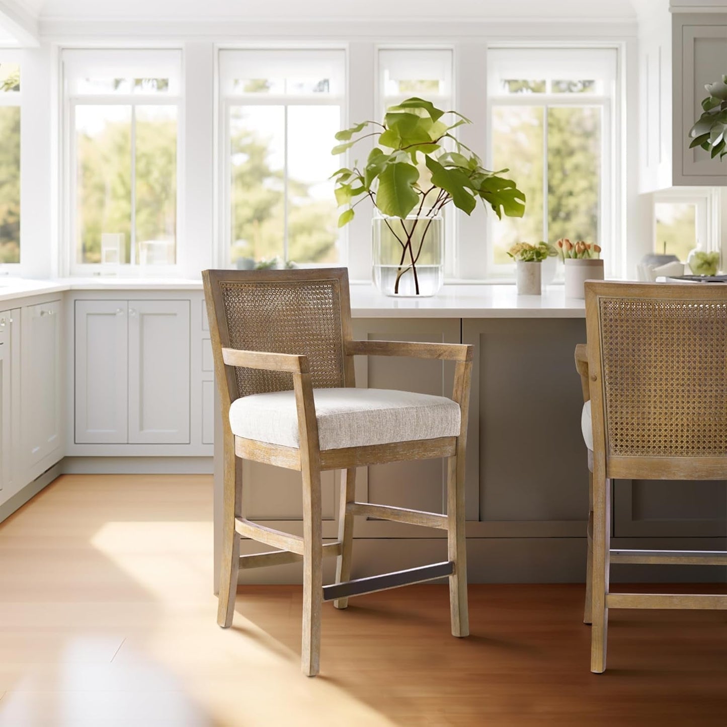 Diedra, Counter Stool Kitchen Island Counter Stool, Natural Cane Backrest, Solid Wood Legs, Upholstered Seat, Counter Height Stool for Kitchen Island Stool, 38" H, Reclaimed Natural