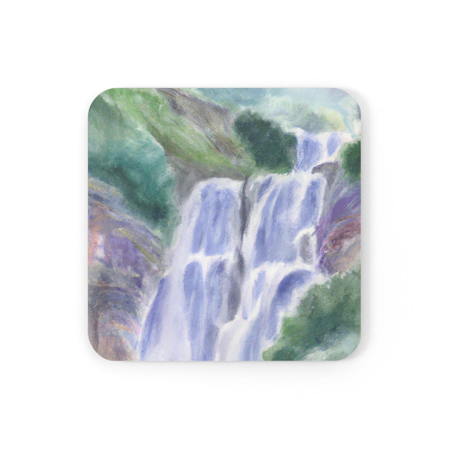 Handcrafted Square Coaster Set of 4 - Purple Watercolor Waterfall Green Landscape Nature Print
