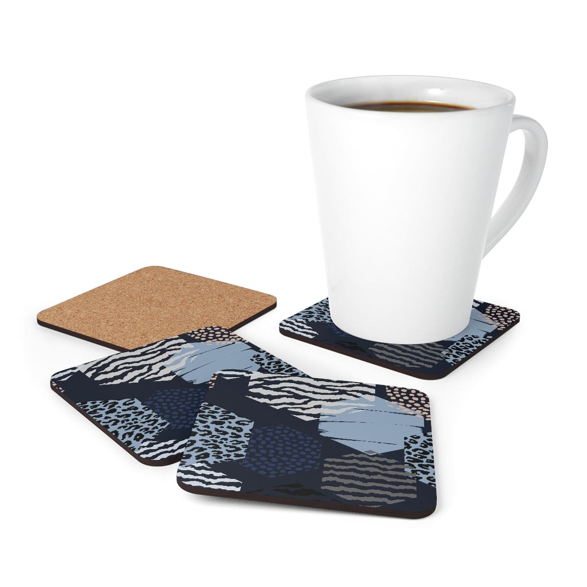 Home Decor - Coaster Set - 4 Piece Home/office - Blue Grey White Hexagon Print