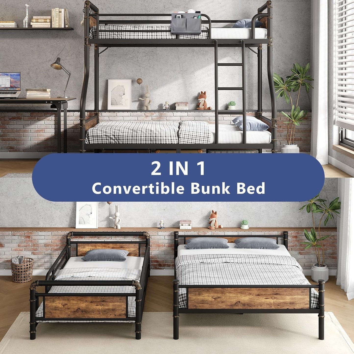 Twin Over Full Bunk Bed Vintage Brown For Kids Teens