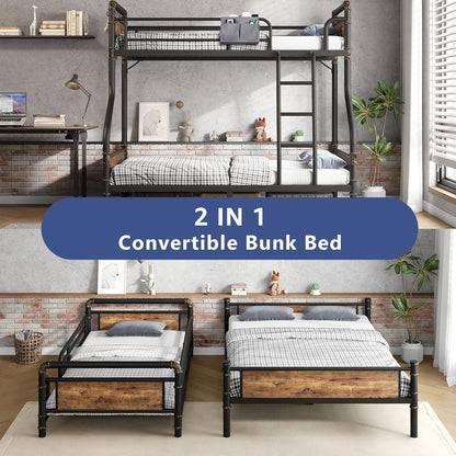 Twin Over Full Bunk Bed Vintage Brown For Kids Teens