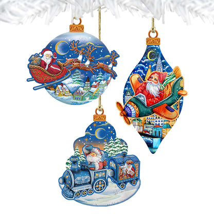 Traveling Santa Wooden Ornaments Set of 3 by G. DeBrekht - Christmas Santa Snowman Décor - 8100001S3