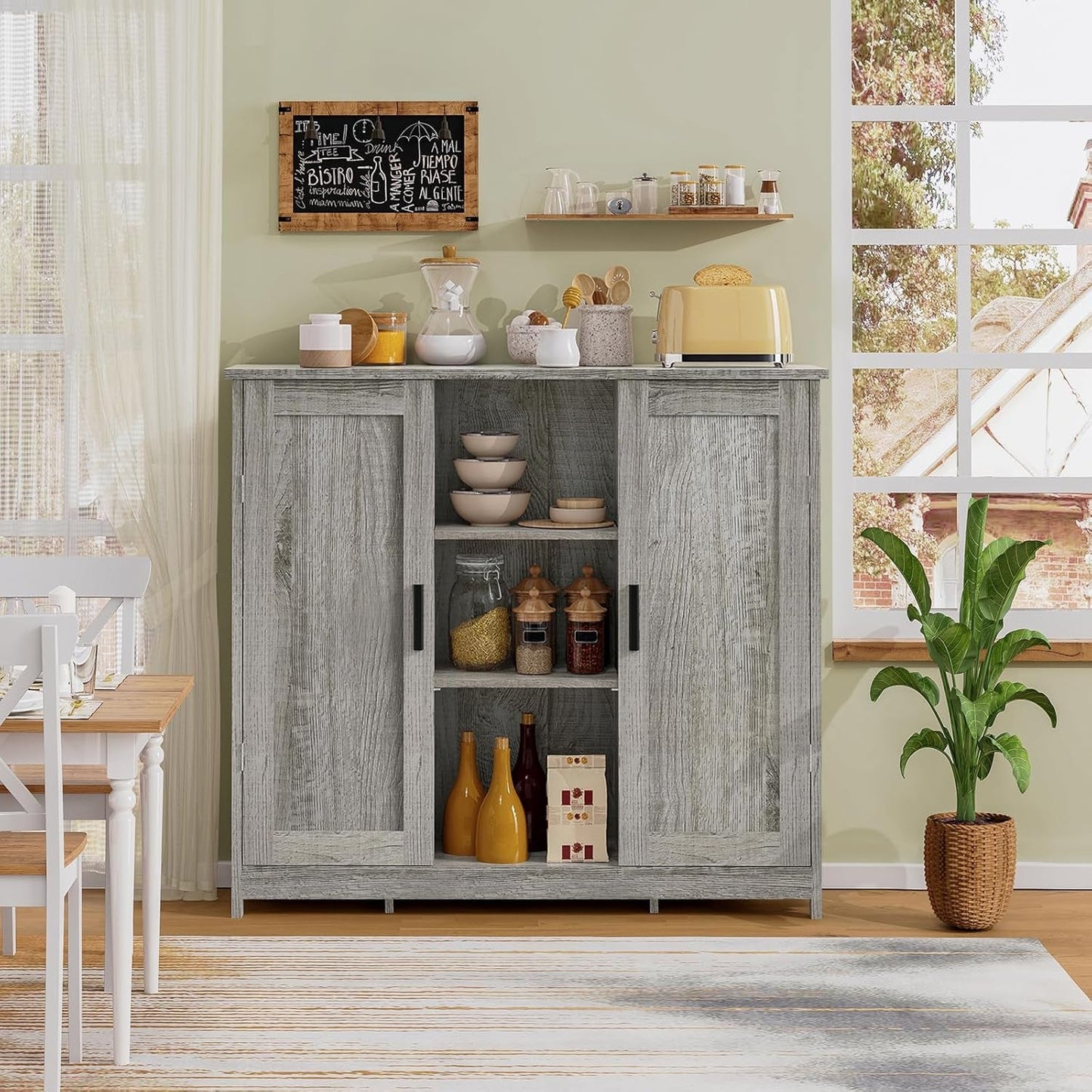 Storage Cabinet with 2 Doors and 4 Adjustable Shelves, Buffet Cabinet with Storage, Floor Cabinet for Living Room, Entryway, Kitchen, Grey