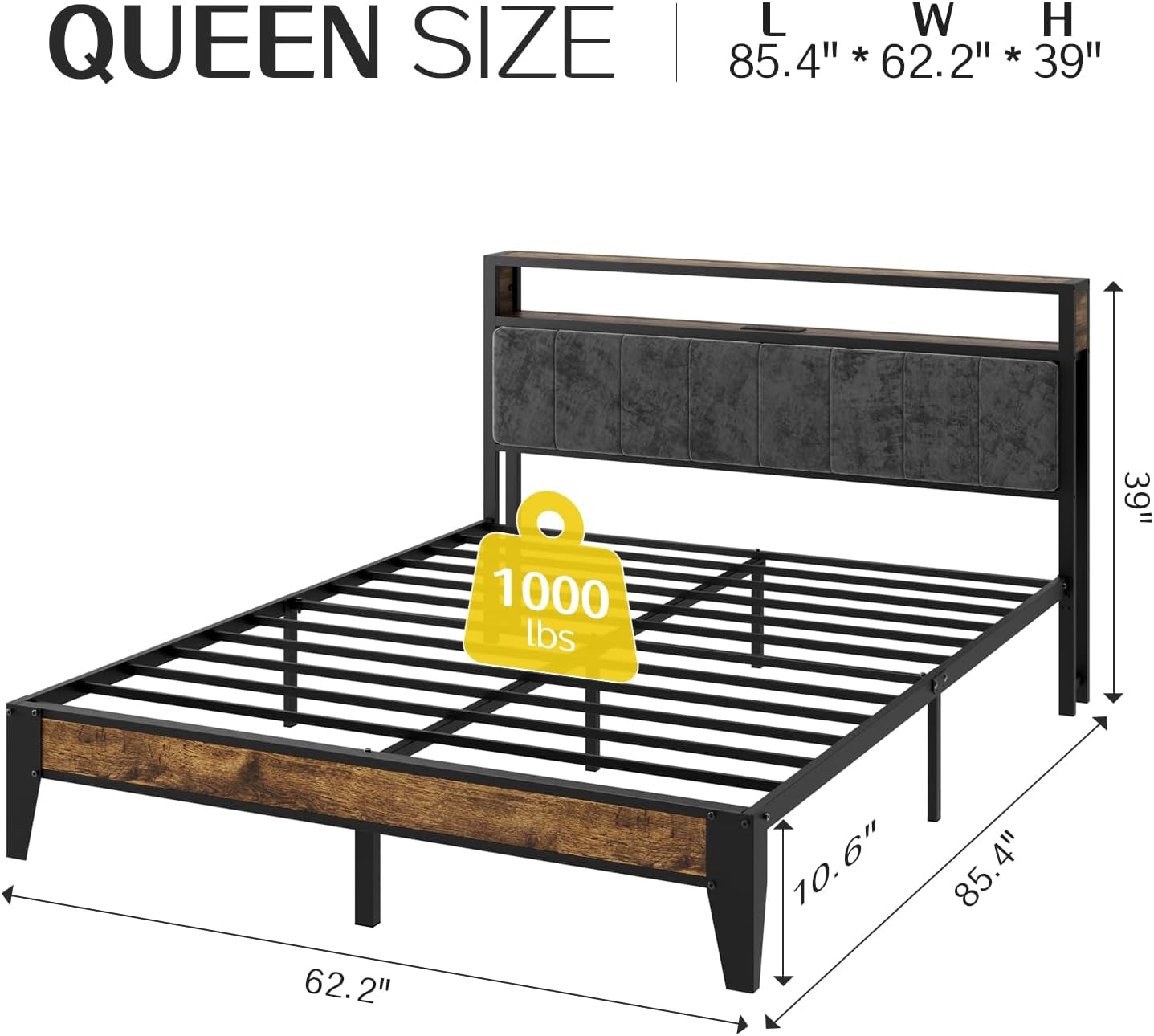 Queen Size RGB LED Headboard With Storage And Charging