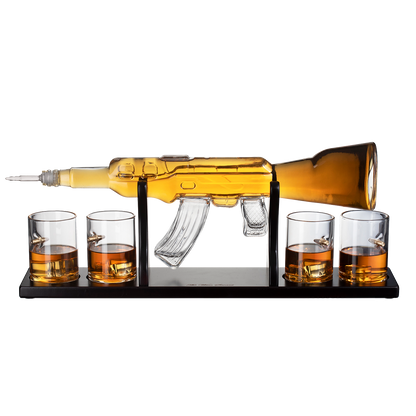 Gun Large Decanter Set Bullet Glasses - Limited Edition Elegant Rifle Gun Whiskey Decanter 22.5" 1000ml With 4 Bullet Whiskey Glasses and Mohogany Wooden Base By The Wine Savant