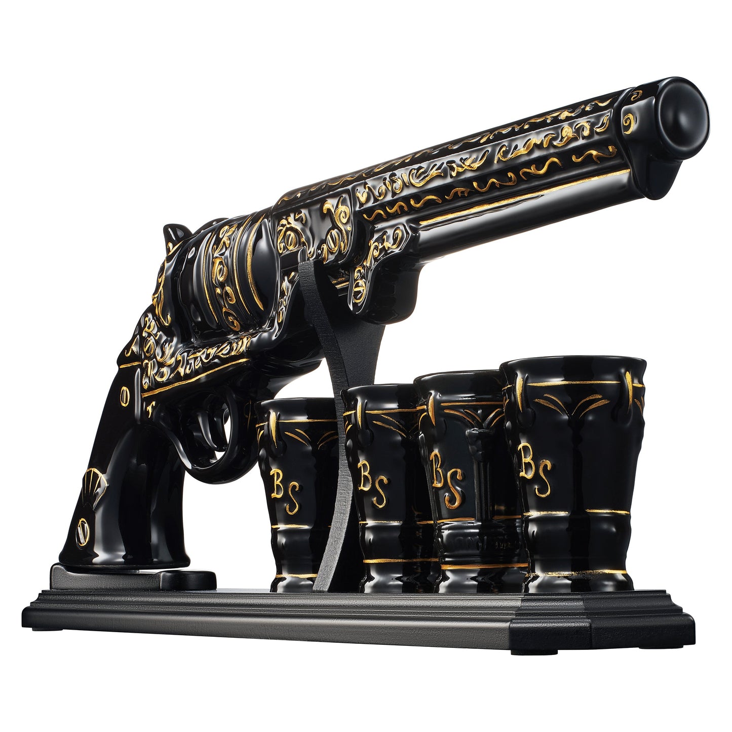 Luxury Black and Gold Pistol Decanter Set & 4 Shot Glasses – Whiskey Decanter for Liquor, Scotch, Bourbon, Vodka – Stylish Barware Gift Set for Men, Brother, Son, Dad, Him, Home Bar for any Occasions