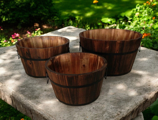 Set of Three Natural Wood Indoor Outdoor Round Pot Planters-0