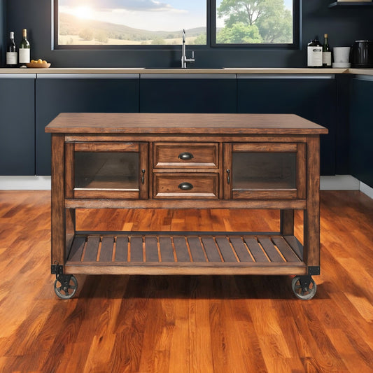 58" Rustic Brown Rolling Kitchen Cart With Storage-0