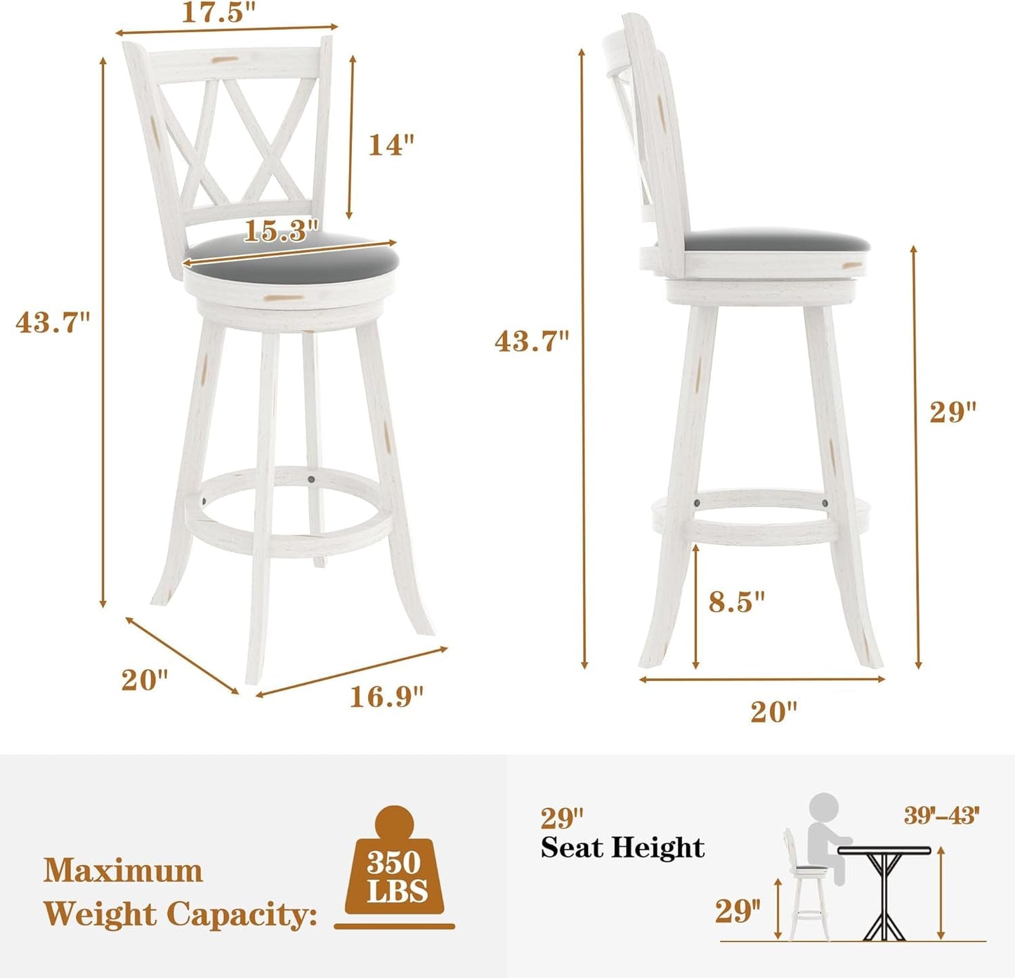 29" Bar Height Swivel Stools - High Back Swivel Barstools with Upholstered Seat & Solid Wood Footrest, Counter Bar Chairs for Kitchen Island & Pub (Antique White, Set of 2)