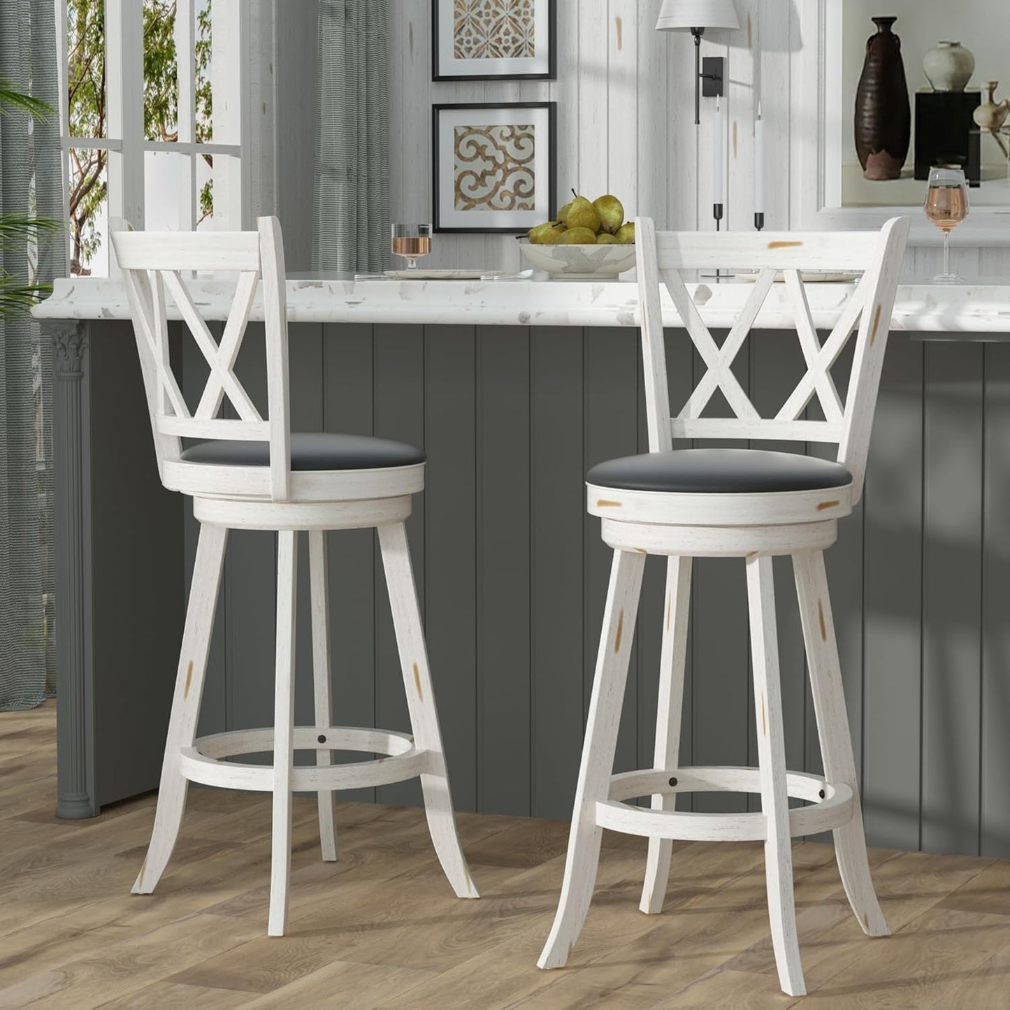29" Bar Height Swivel Stools - High Back Swivel Barstools with Upholstered Seat & Solid Wood Footrest, Counter Bar Chairs for Kitchen Island & Pub (Antique White, Set of 2)