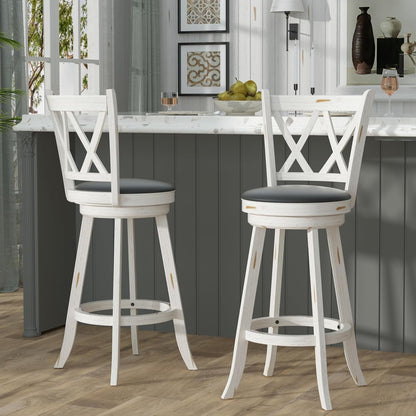 29" Bar Height Swivel Stools - High Back Swivel Barstools with Upholstered Seat & Solid Wood Footrest, Counter Bar Chairs for Kitchen Island & Pub (Antique White, Set of 2)