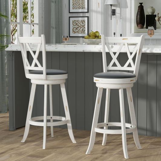 29" Bar Height Swivel Stools - High Back Swivel Barstools with Upholstered Seat & Solid Wood Footrest, Counter Bar Chairs for Kitchen Island & Pub (Antique White, Set of 2)