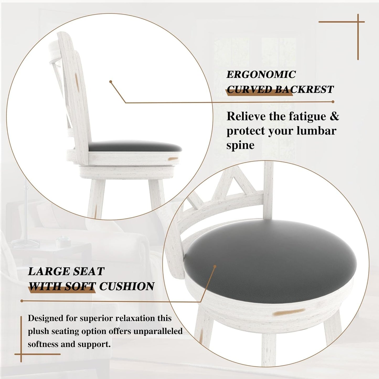 29" Bar Height Swivel Stools - High Back Swivel Barstools with Upholstered Seat & Solid Wood Footrest, Counter Bar Chairs for Kitchen Island & Pub (Antique White, Set of 2)