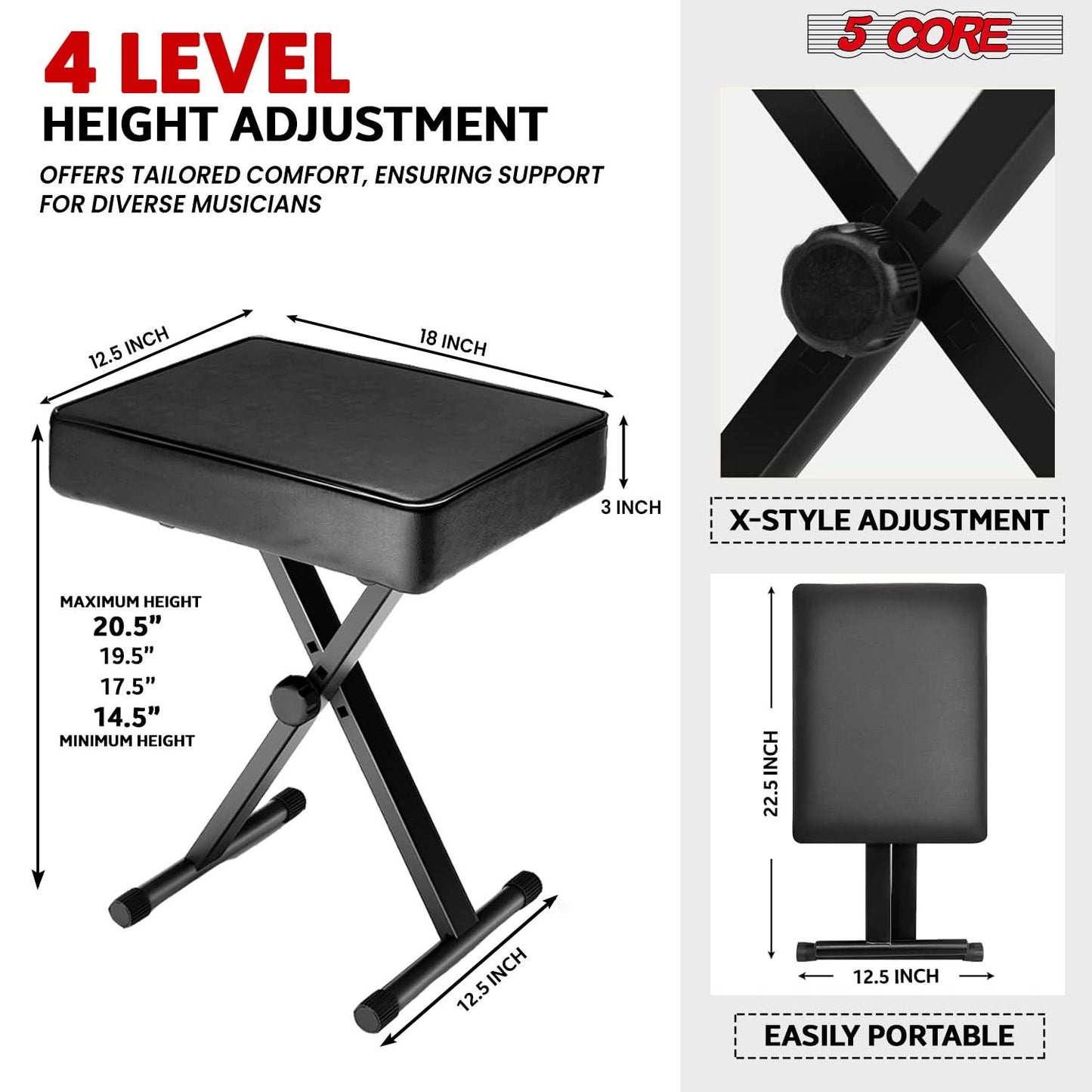 5 Core Keyboard Bench 3" Padded Cushioned Piano Stool Height Adjustable Guitar Seat Folding Portable