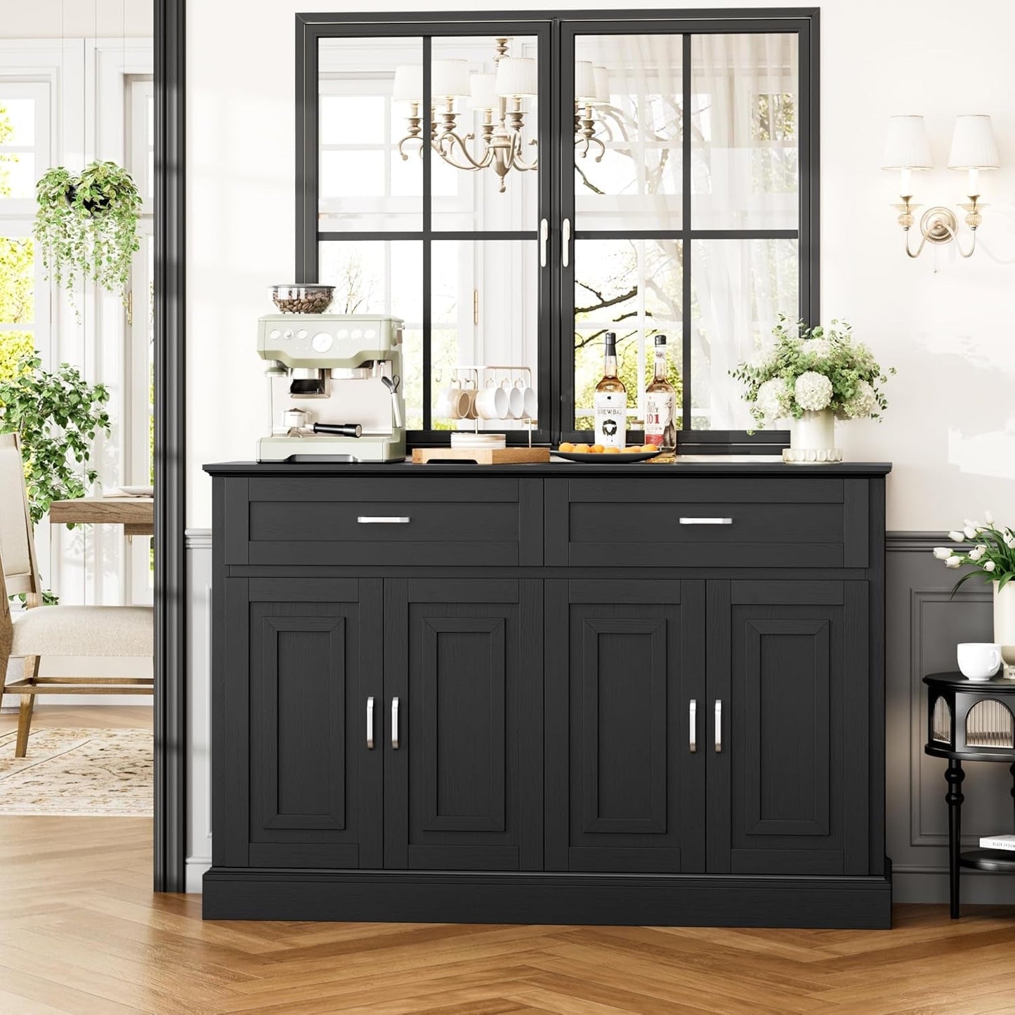 Sideboard Buffet Cabinet with Storage, 55.1" Large Kitchen Storage Cabinet with 2 Drawers and 4 Doors, Farmhouse Coffee Bar Display Cabinet for Kitchen Dining Room, White