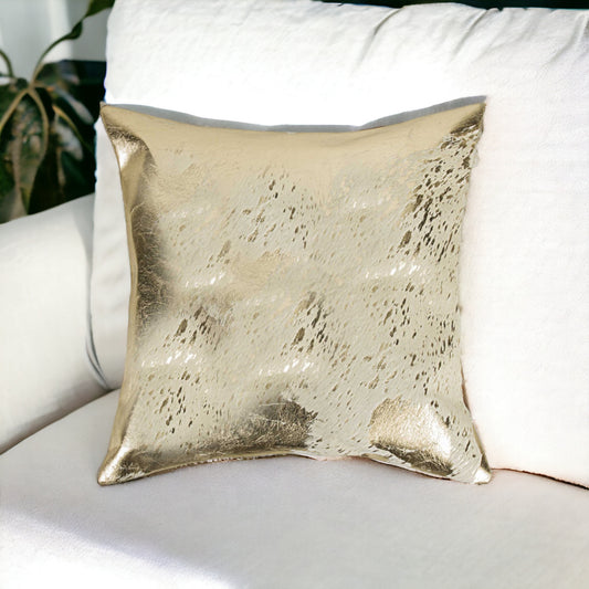 18" Beige And Gold Cowhide Throw Pillow-0