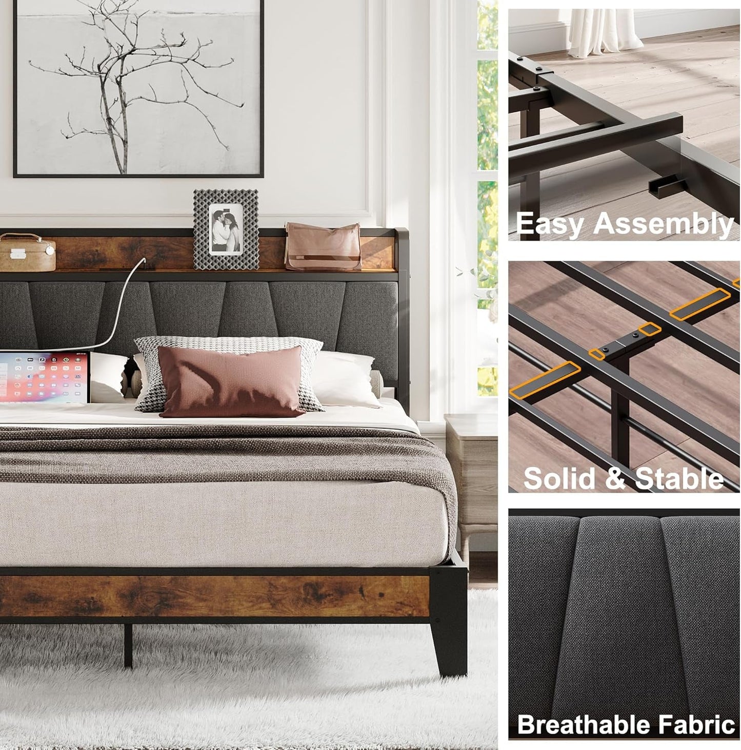 King Size Bed Frame With Storage Headboard USB Ports
