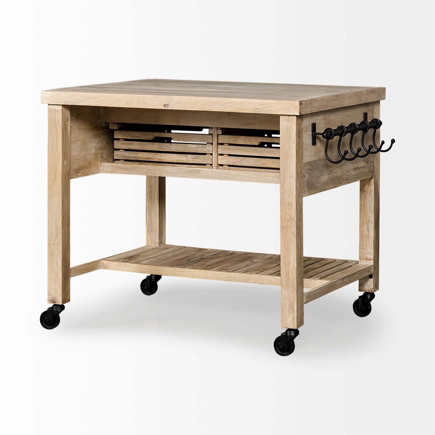 32" Natural Solid Wood Rolling Kitchen Island With Storage-5