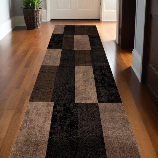 13' Brown And Black Geometric Shag Runner Rug-0