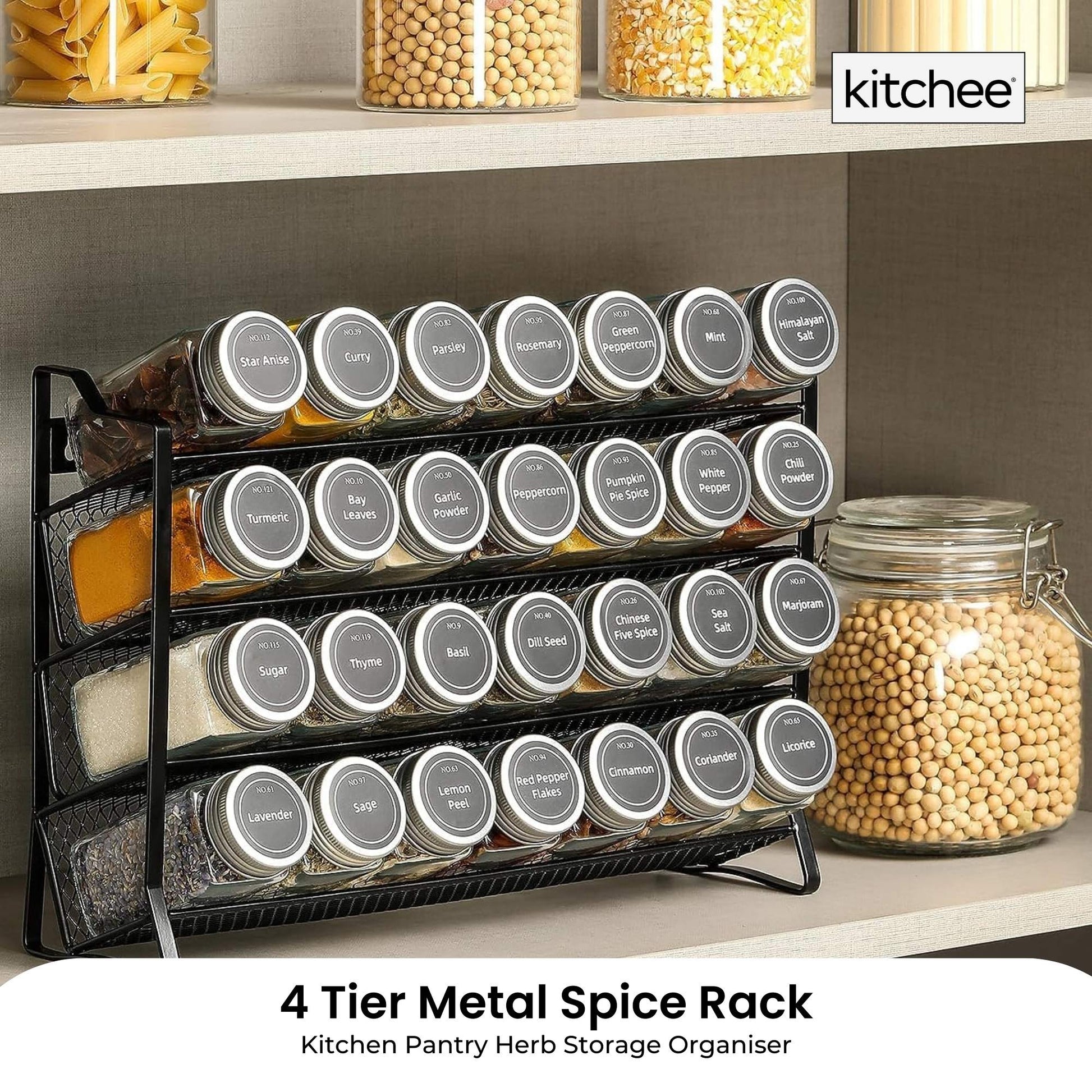 4 Tier Metal Spice Rack + 28 Glass Jars - Kitchen Pantry Herb Storage Organiser-1