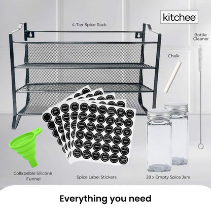 4 Tier Metal Spice Rack + 28 Glass Jars - Kitchen Pantry Herb Storage Organiser-2