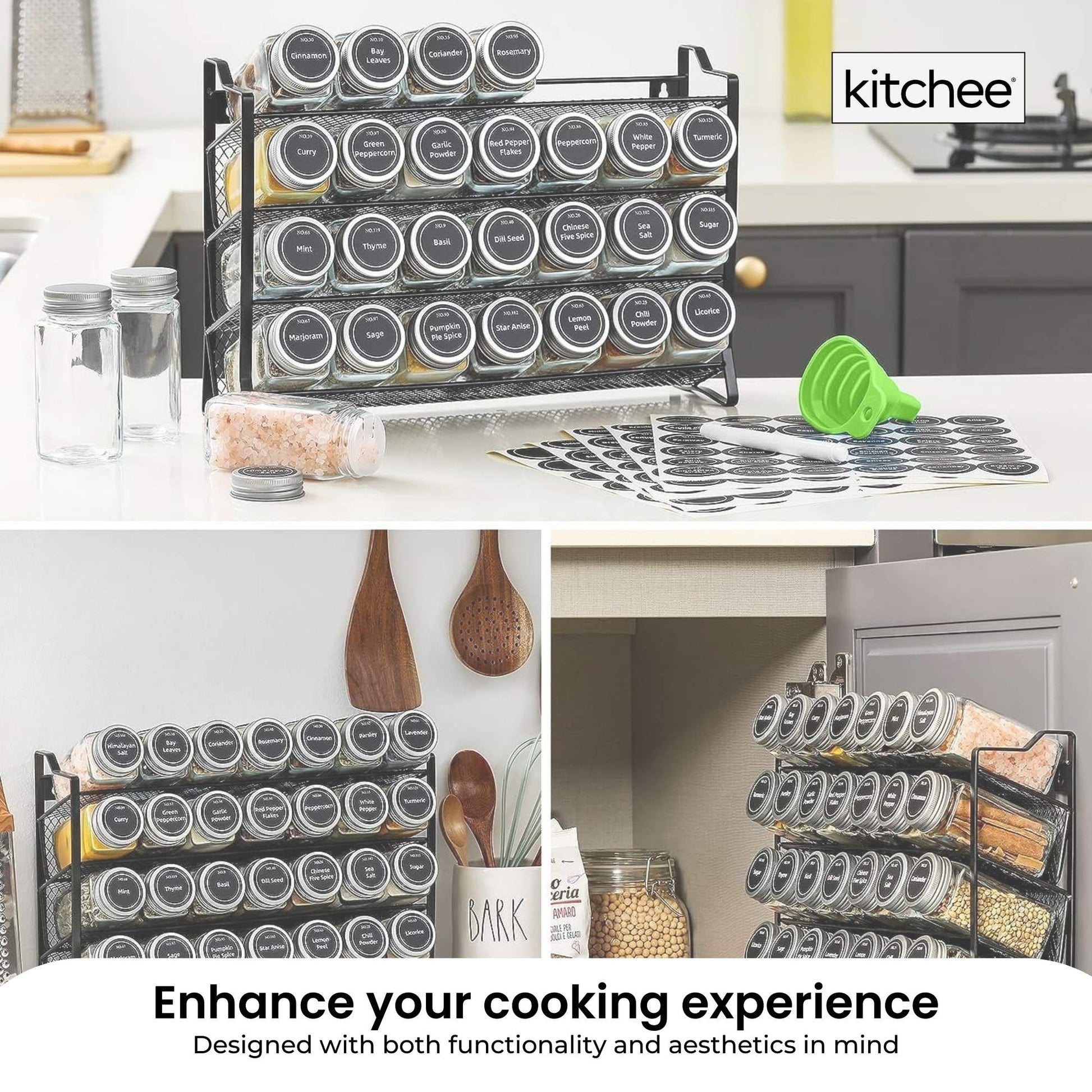 4 Tier Metal Spice Rack + 28 Glass Jars - Kitchen Pantry Herb Storage Organiser-3