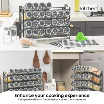 4 Tier Metal Spice Rack + 28 Glass Jars - Kitchen Pantry Herb Storage Organiser-3