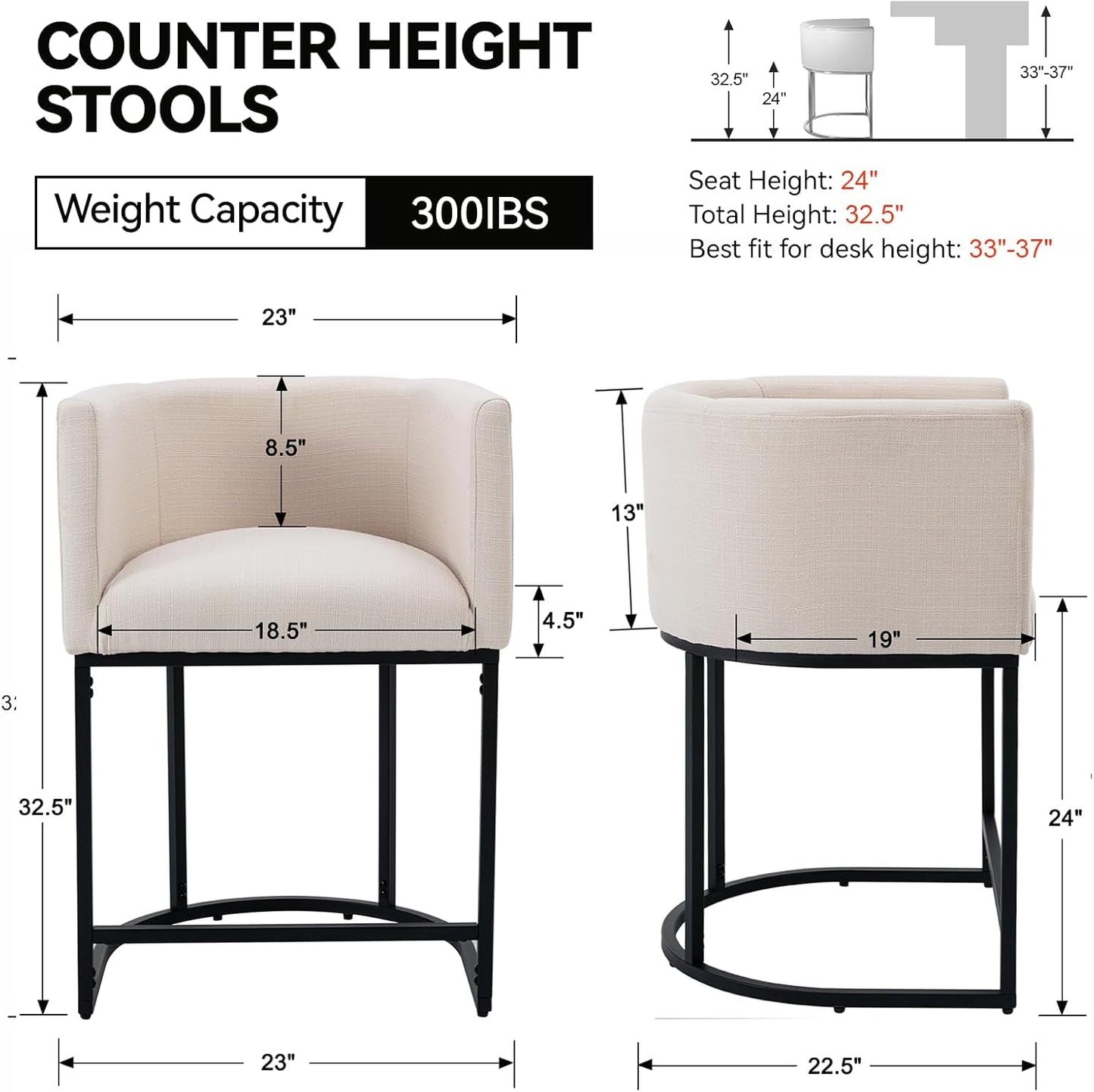 Contemporary Cream Linen Bar Stools Counter Height Set