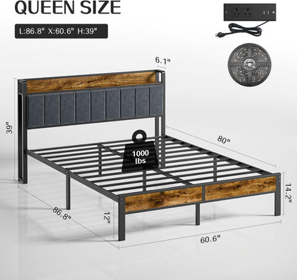Queen Bed Frame With USB Charging LED Illumination