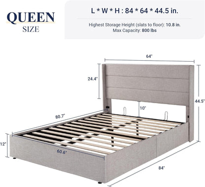 Queen Size Lift Up Storage Bed With Hydraulic Headboard