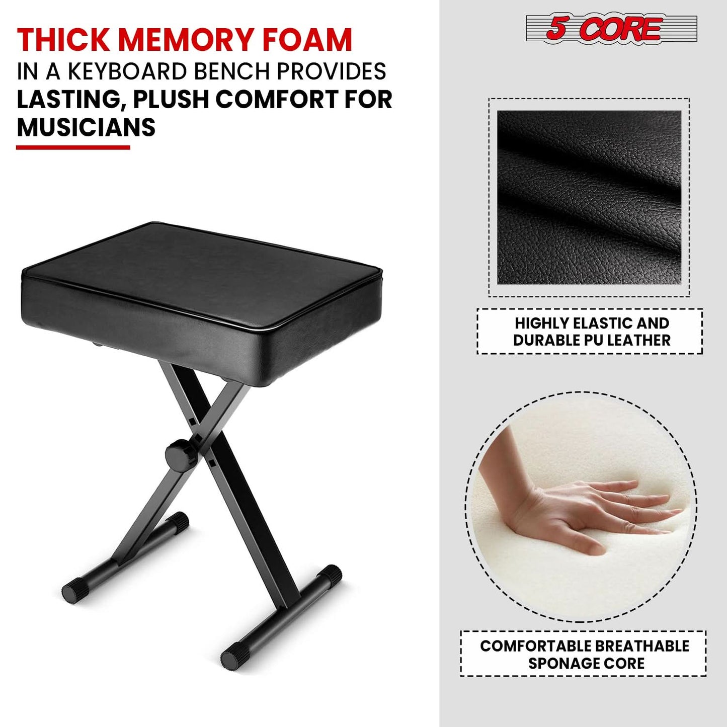 5 Core Keyboard Bench 3" Padded Cushioned Piano Stool Height Adjustable Guitar Seat Folding Portable