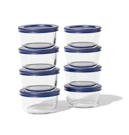 Glass Food Storage Containers - 16 Piece 7oz Set (8 Containers + 8 Lids), Blue