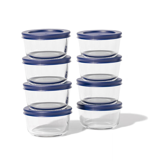 Glass Food Storage Containers - 16 Piece 7oz Set (8 Containers + 8 Lids), Blue