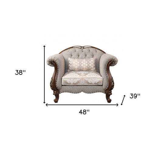 48" Beige and Brown Fabric Floral Arm Chair