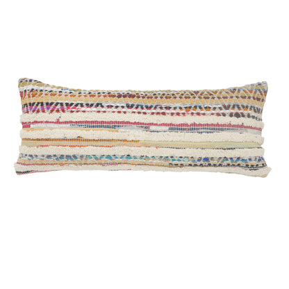 14" X 36" Off White Red And Blue Cotton Striped Throw Pillow