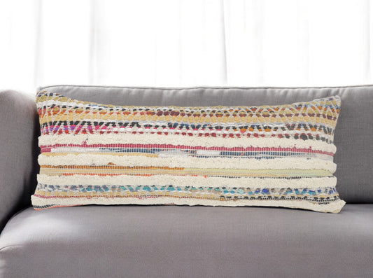 14" X 36" Off White Red And Blue Cotton Striped Throw Pillow-0