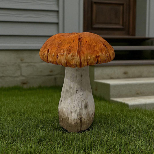 15" Orange And White Polyresin Mushroom Outdoor Statue-0