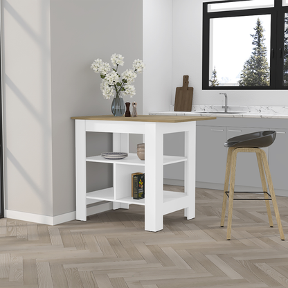 35" Natural and White Wood Kitchen Island With Storage