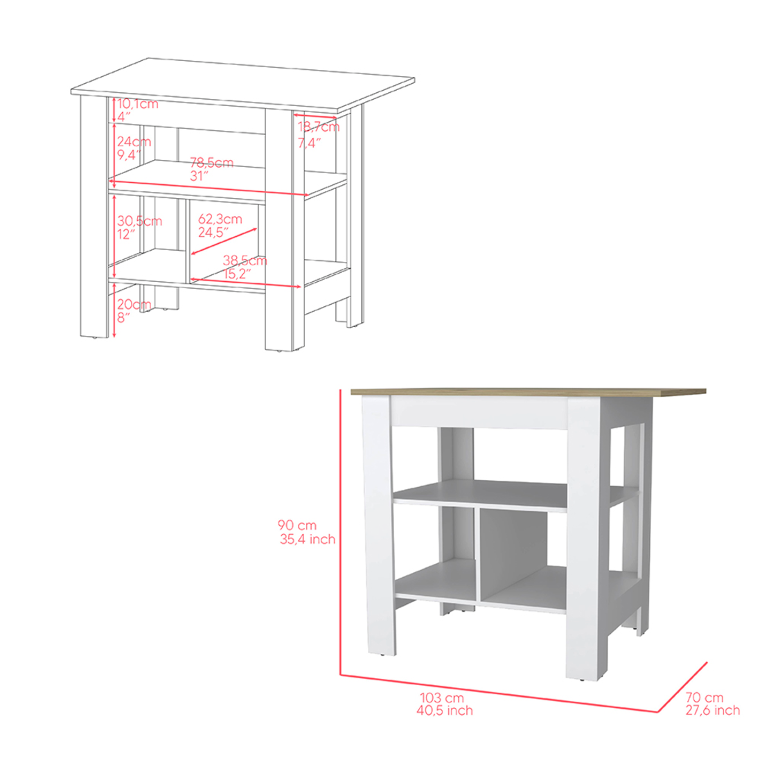 41" Natural and White Wood Kitchen Island Set With Storage