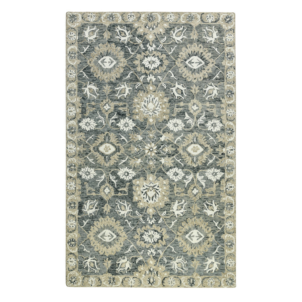 5' X 8' Gray Ivory And Beige Wool Floral Medallion Hand Hooked Area Rug
