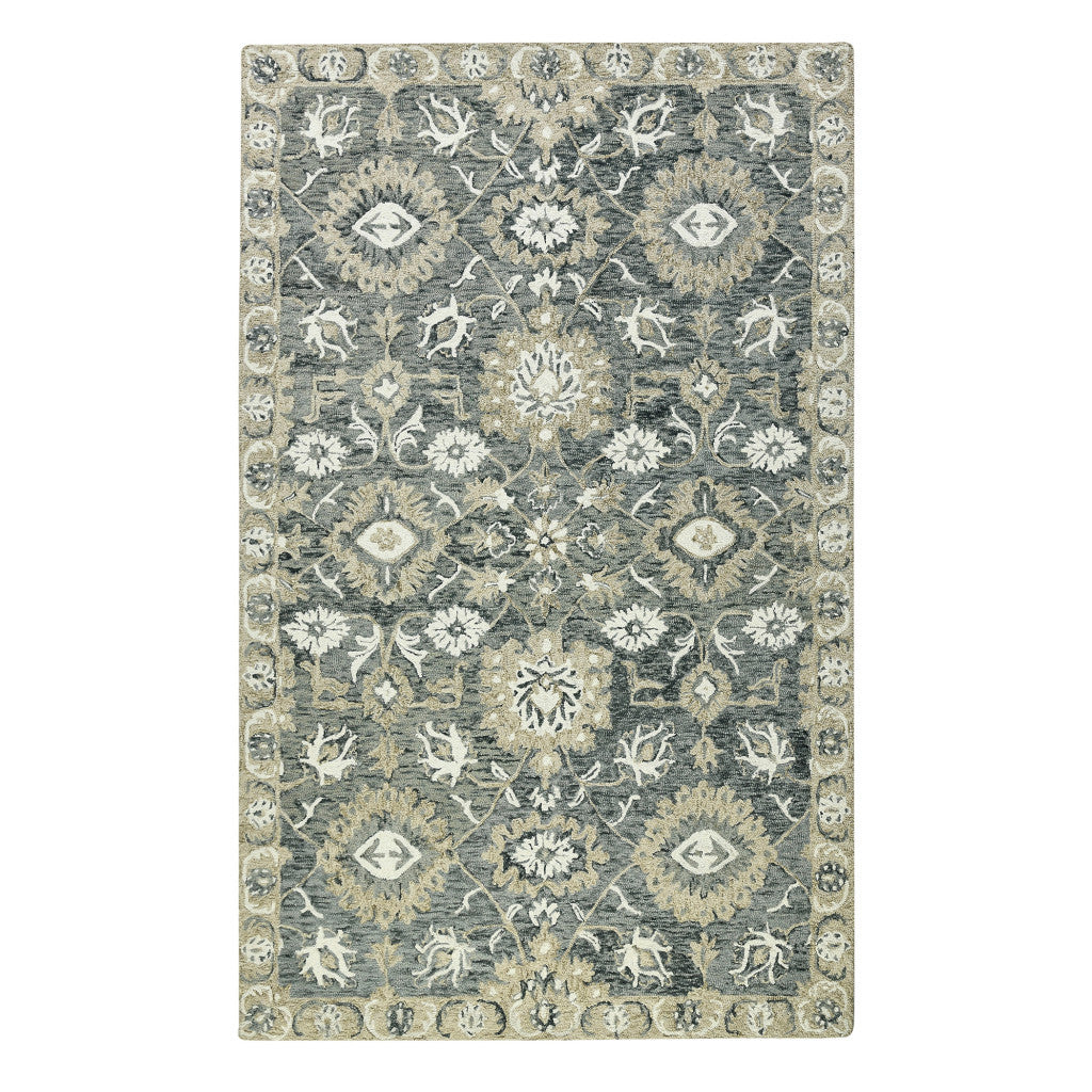 5' X 8' Gray Ivory And Beige Wool Floral Medallion Hand Hooked Area Rug