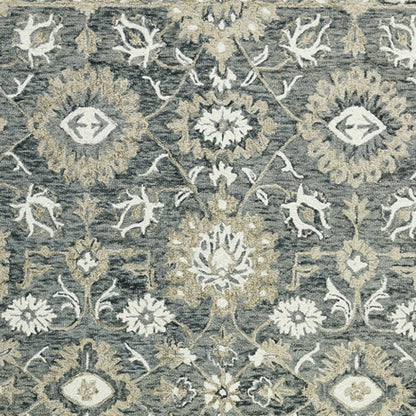 5' X 8' Gray Ivory And Beige Wool Floral Medallion Hand Hooked Area Rug