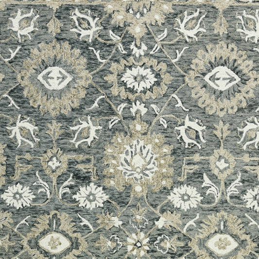 5' X 8' Gray Ivory And Beige Wool Floral Medallion Hand Hooked Area Rug