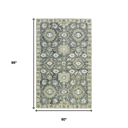 5' X 8' Gray Ivory And Beige Wool Floral Medallion Hand Hooked Area Rug