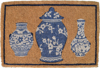20" X 30" Brown Blue And White Chinoiserie Coir Abstract Outdoor Door Mat