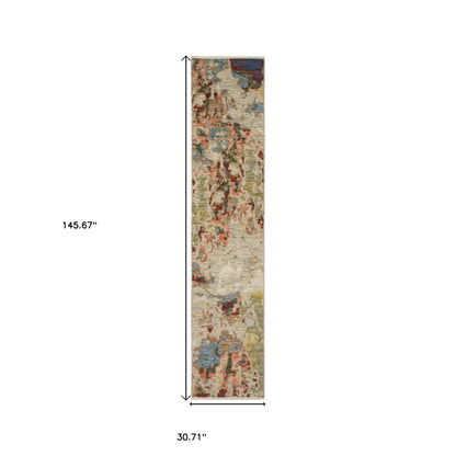 12' Beige Pink And Yellow Abstract Runner Rug With Fringe